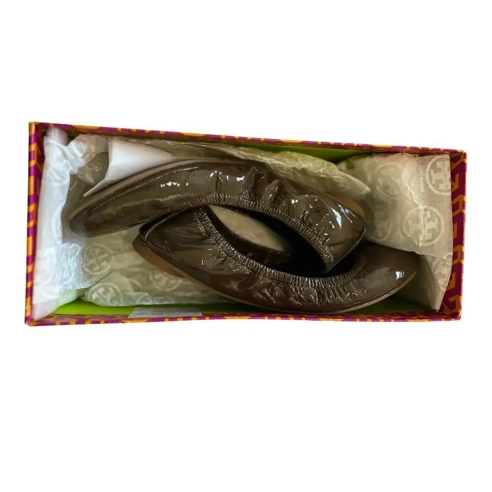 Tory Burch Eddie Ballet Smooth Natplak Flats Size 7.5 Brunette Patent Leather - Picture 3 of 7